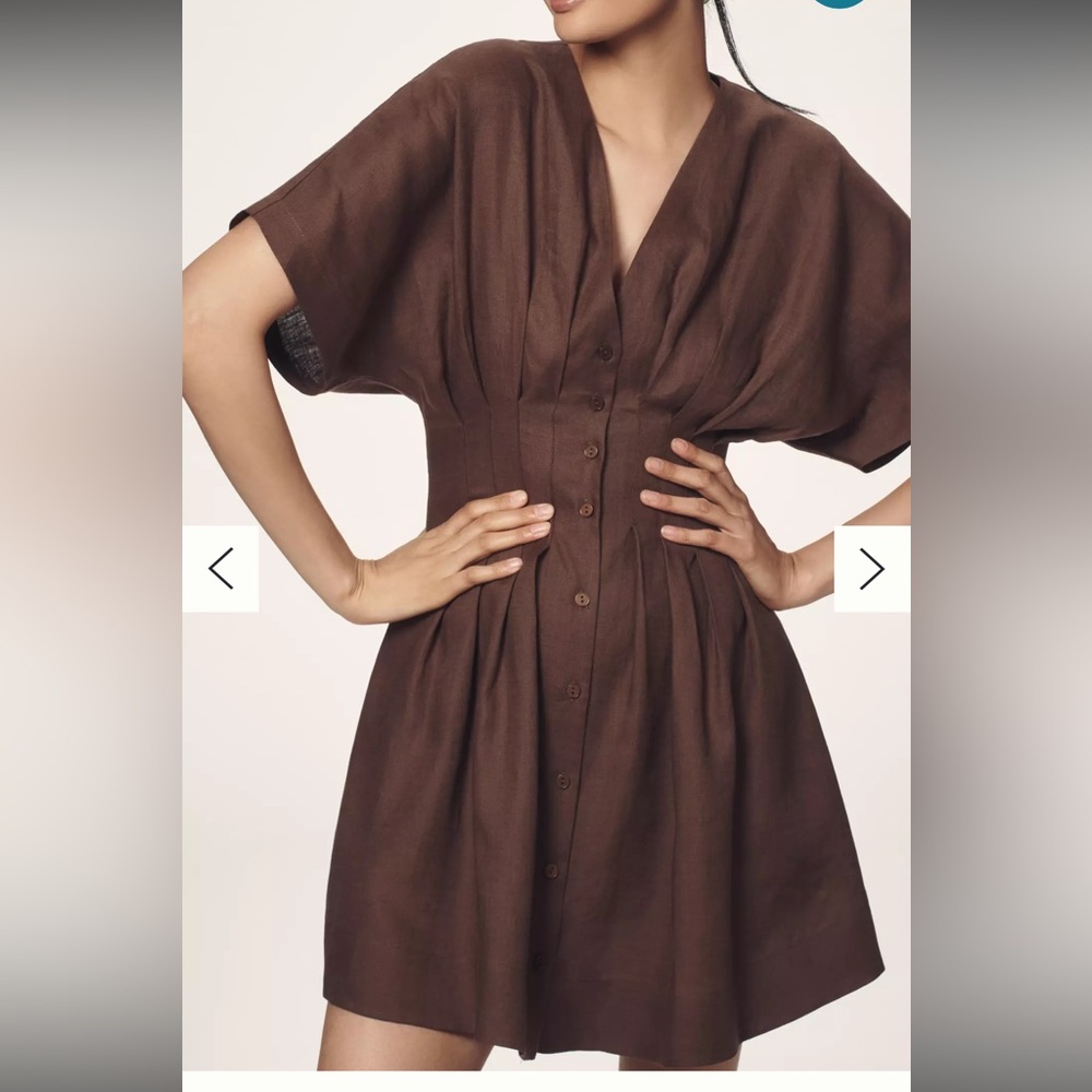 Anthropologie The Tobie Linen Pleated Mini Shirt Dress by Exquise